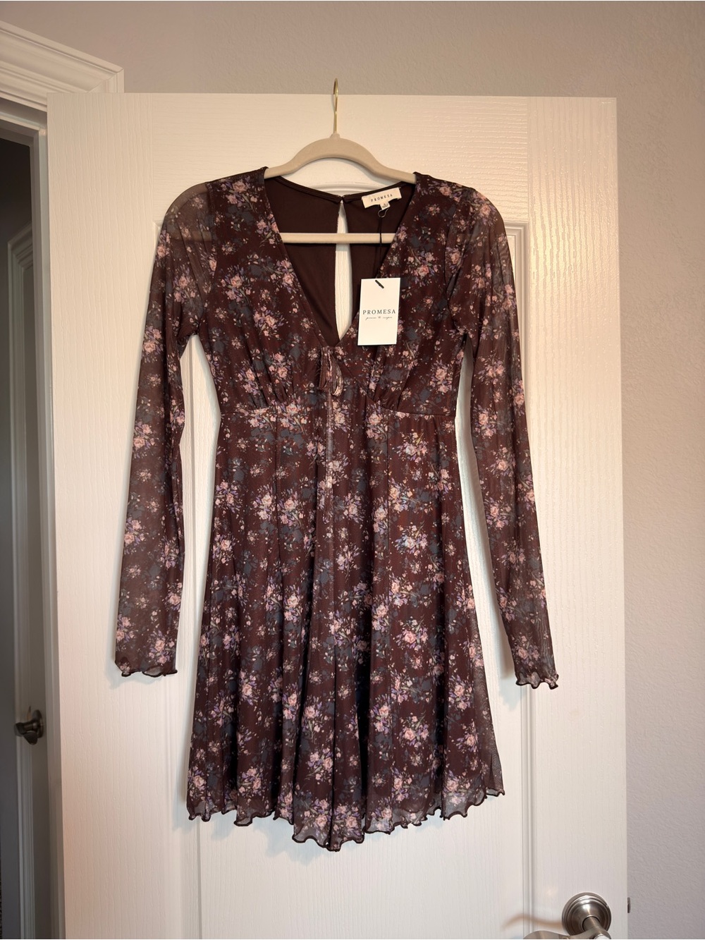 Promesa Brown Floral Long-Sleeve V-Neck Mini Dress with Pink and Blue Flowers
